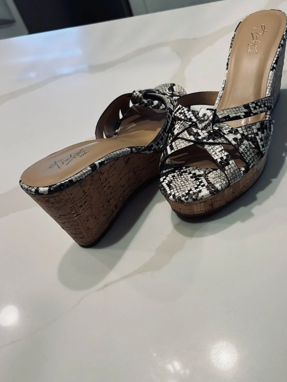 Thalia Sodi Black & White Snake-Print Cork Wedge Sandals